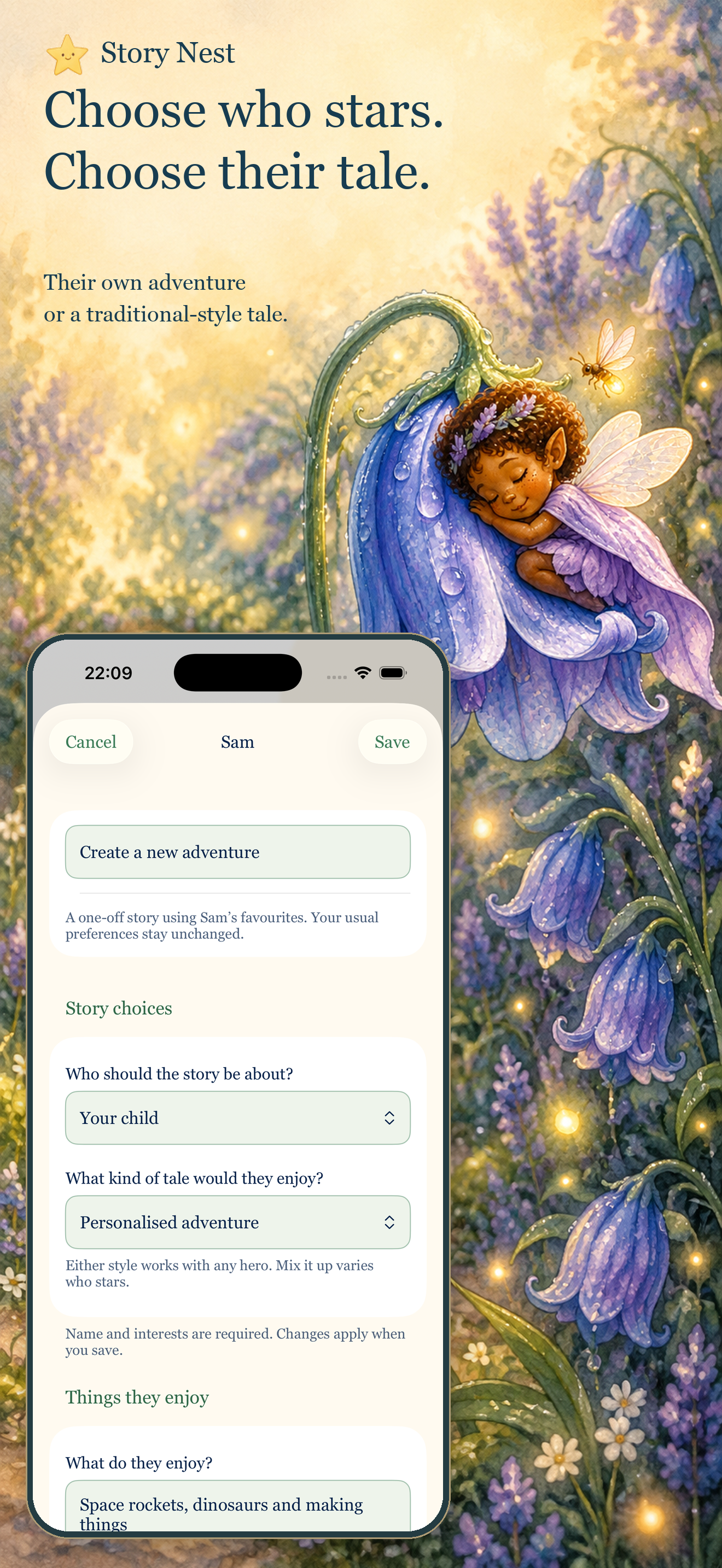 Story Nest 2.1: original fairy-tale artwork alongside the real profile screen with separate protagonist and story-style choices.